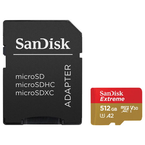 Sandisk Extreme Micro SD 512GB memorijska kartica je dizajnirana za uređaje kao što su dronovi i akcione kamere koje mogu da snimaju Full HD i 4K video, kao i Raw i Burst fotografije. 